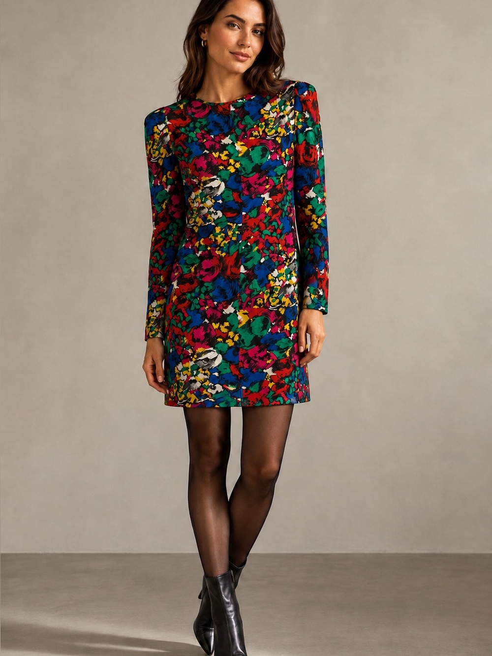 Vintage 100% silk Neiman Marcus Floral Long Sleeve Dress, shoulder pads stunning
